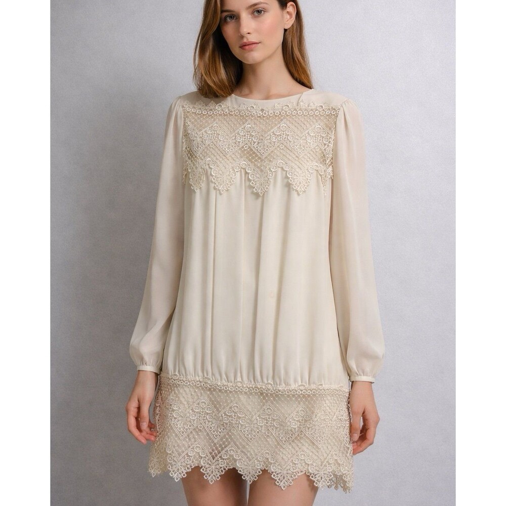 Vintage Ivory Lace Tunic Dress – Boho Cottagecore Romantic Sheer Sleeve Mini Dre